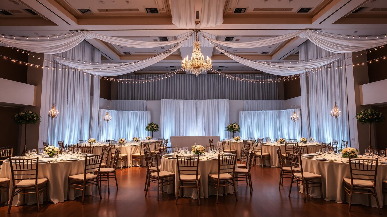 Salão de casamento com mesas redondas