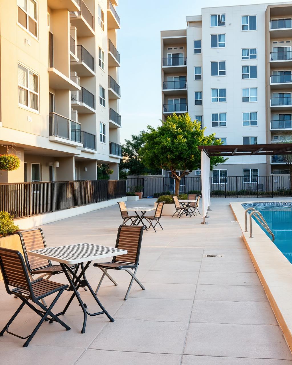 Área de lazer com mesas e cadeiras junto à piscina