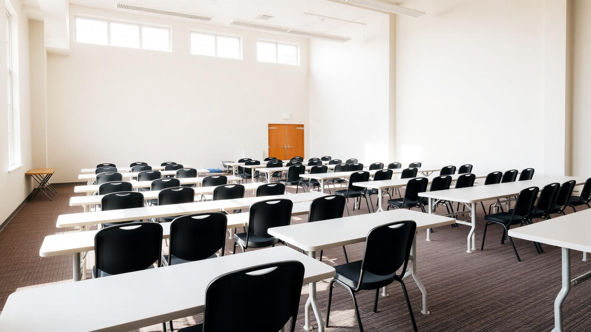 Salão de eventos com mesas redondas e cadeiras